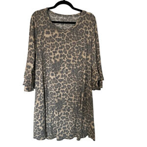 Women’s Boutique Scoop Neck 3/4 Ruffle Sleeve Cheetah Leopard Print Dress GUC